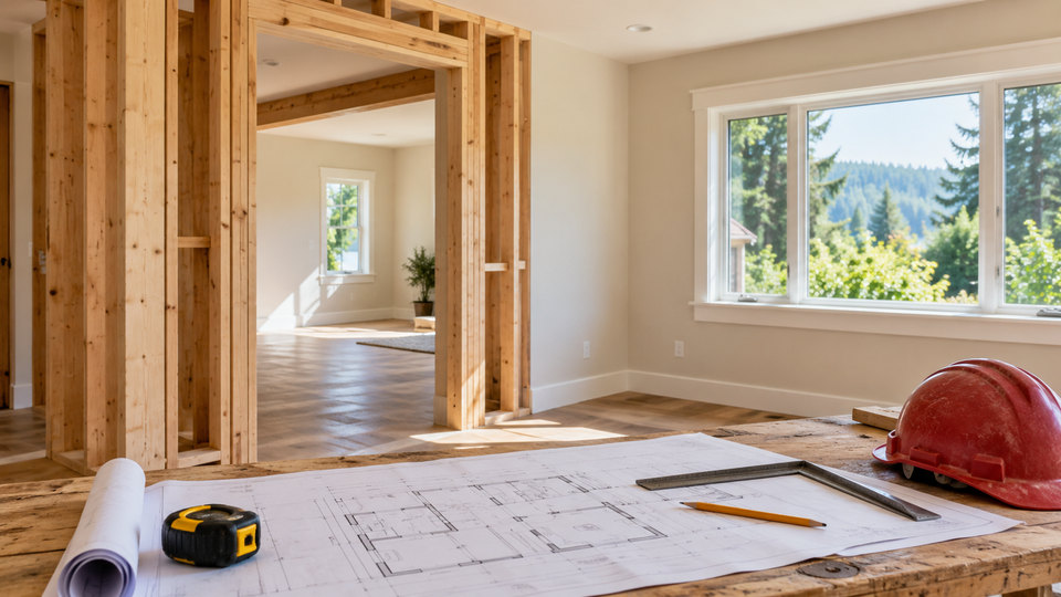 Service illustration of residential remodeling with exposed framing, architectural plans and measuring tools.