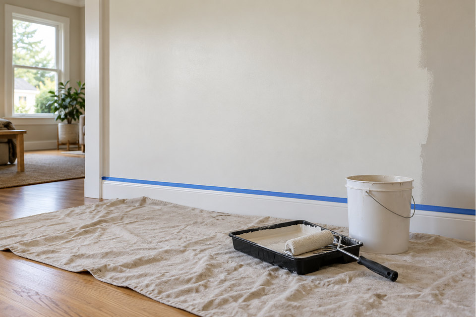 Service illustration of a neatly protected interior painting area with roller, paint tray and neutral wall.