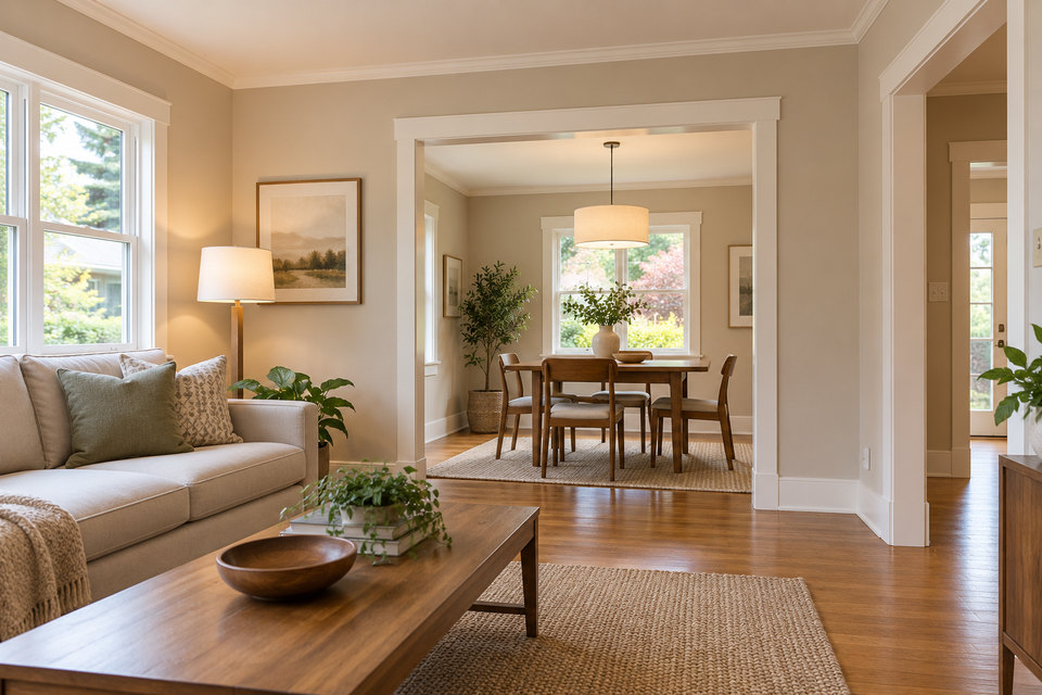 Service illustration of a remodeled living and dining space