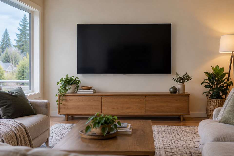 Service illustration of a wall-mounted TV in a living room