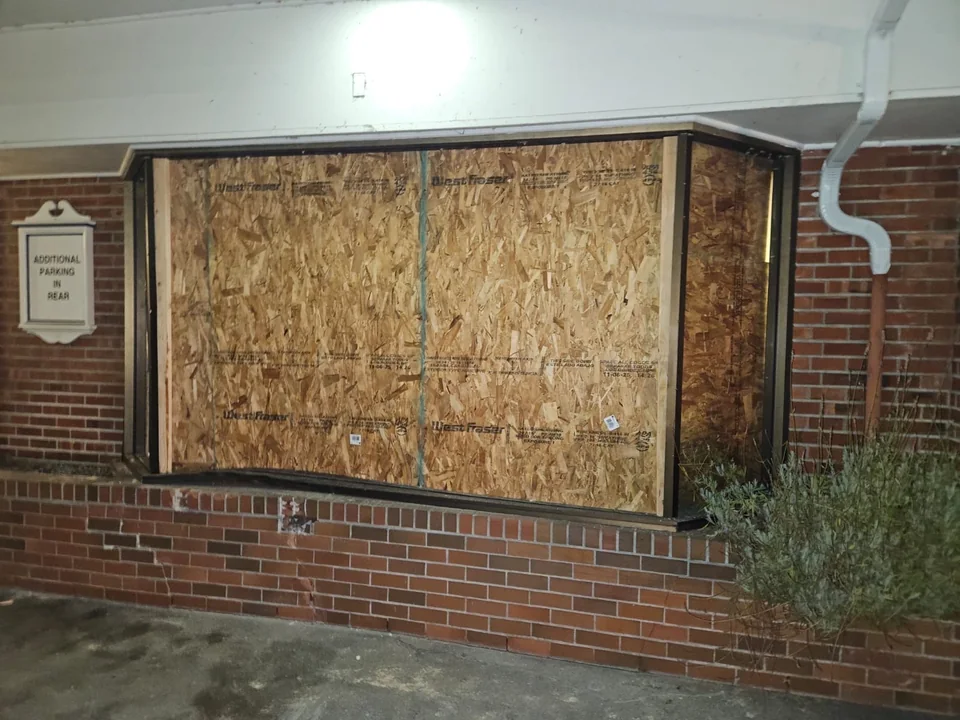 TimberMount temporary boarding over a commercial window
